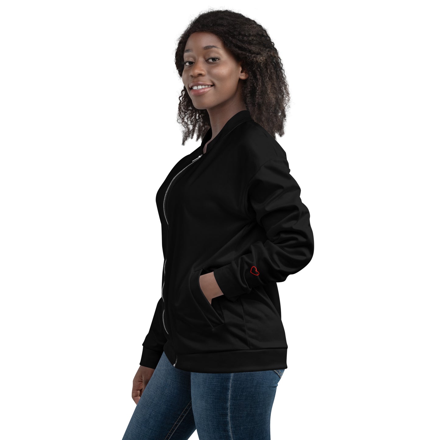 The Heart on Your Sleeve Bomber Jacket - black with red heart